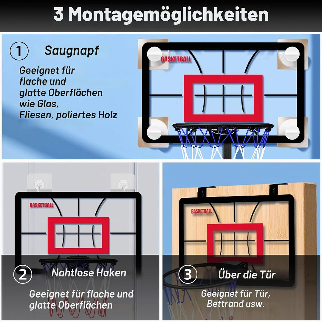 Mini-Basketballkorb für drinnen (45 x 30 cm) mit abklappbarem, federndem Ring, Geräuscharmen Ball, W