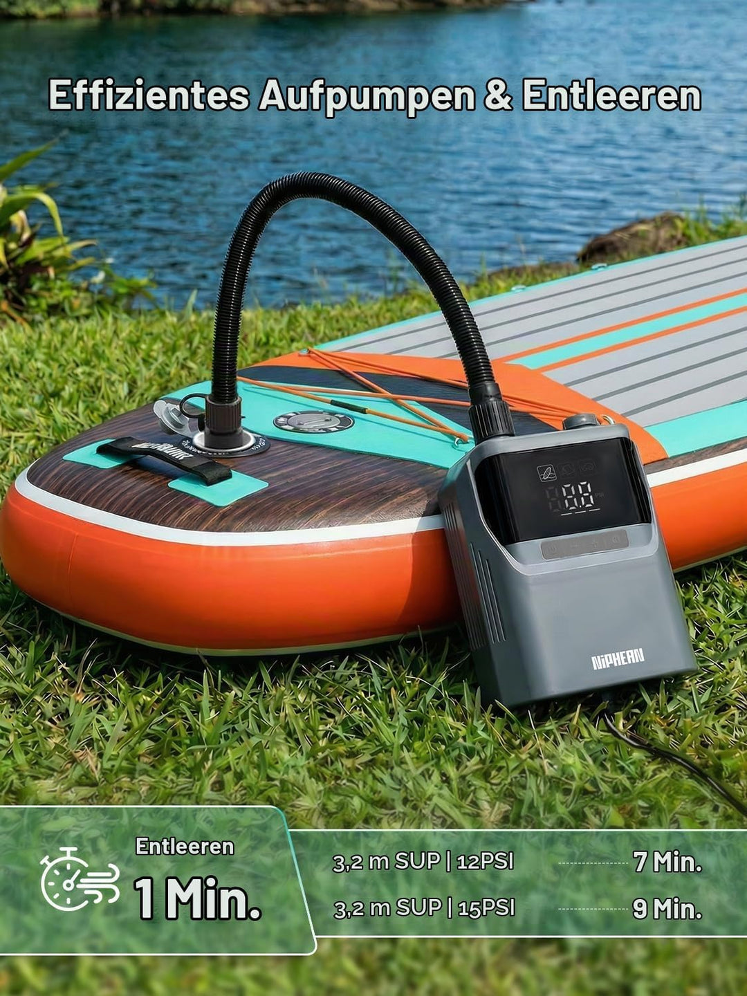 Niphean Elektrische Luftpumpe SUP mit (Extra-Langem) 300cm 12V Kabel, 50PSI SUP Pumpe Elektrisch für