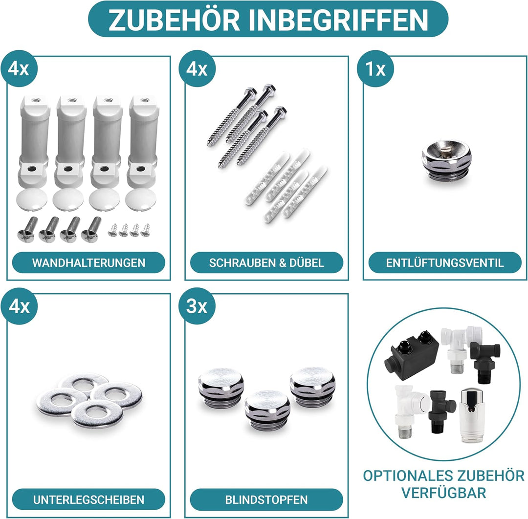 VILSTEIN Badheizkörper | 700x500 mm | Weiss | Seitenanschluss und Mittelanschluss | Flachheizkörper