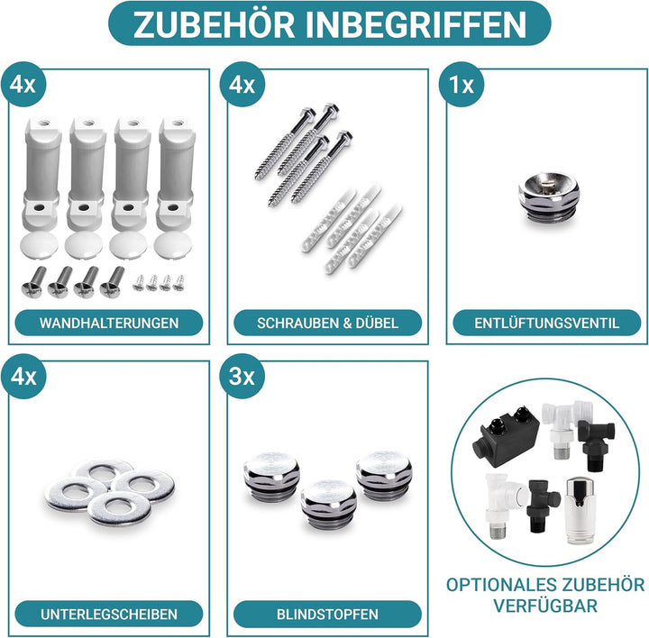 VILSTEIN Badheizkörper | 700x500 mm | Weiss | Seitenanschluss und Mittelanschluss | Flachheizkörper