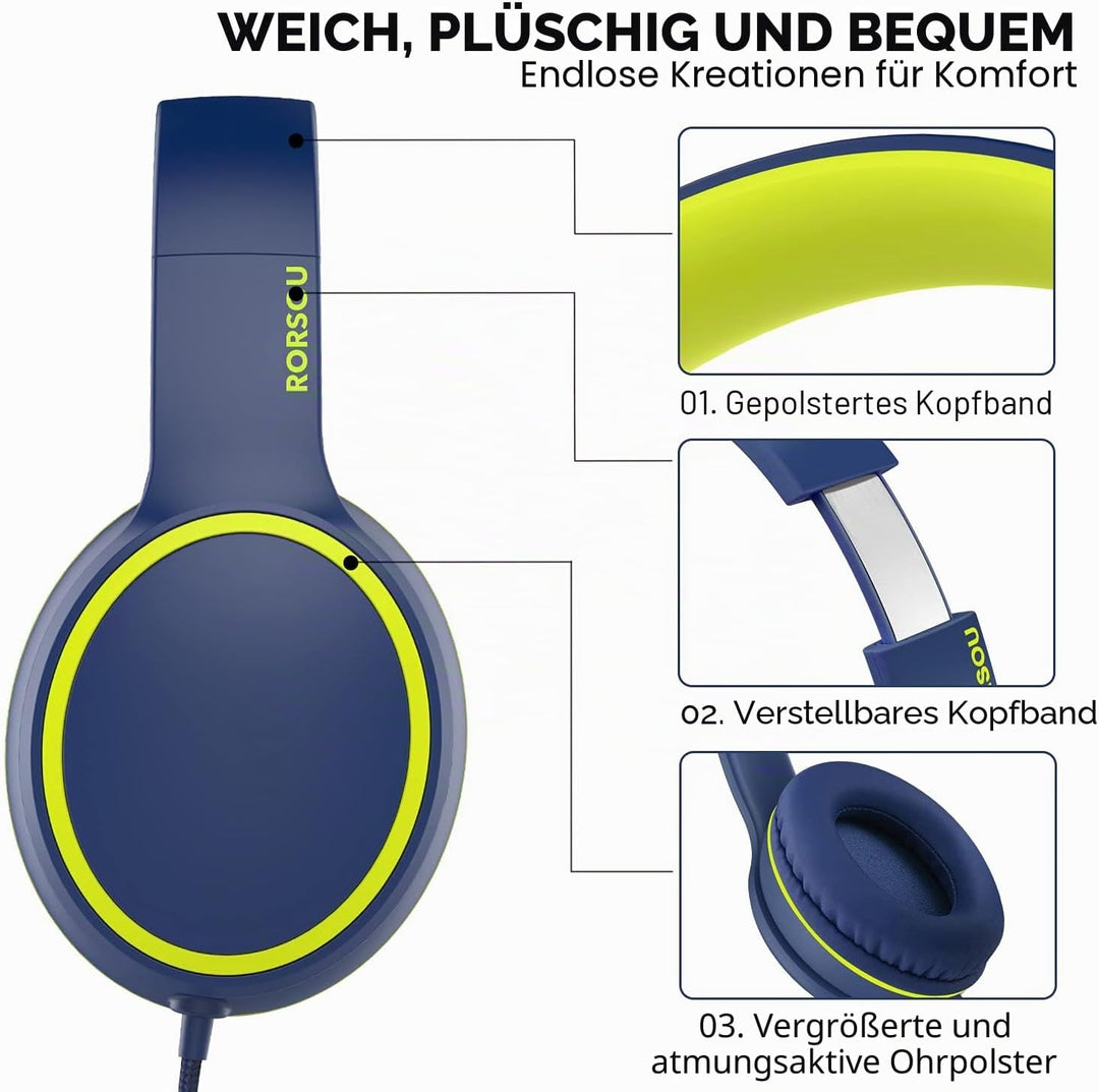 RORSOU R10 Over-Ear Kopfhörer mit Mikrofon, Leichtgewichtige klappbare Stereo-Bass-Headset mit 1,5 m