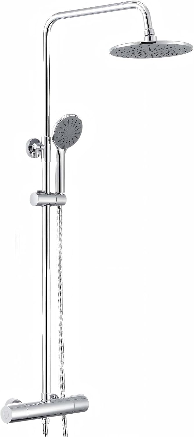 Duschsystem mit Thermostat, Auralum Regendusche mit Armatur aus Edelstahl Höhenverstellbar 92-122cm,