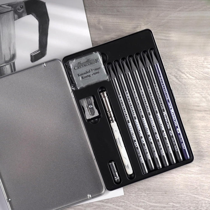 CRETACOLOR Monolith Graphit Set – Künstlerstifte aus Vollmine mit Zubehör – Zeichen-Set mit wasserve