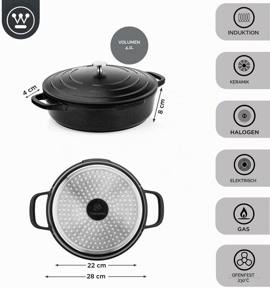 Westinghouse PERFORMANCE SERIES Schmorpfanne mit Deckel, Grosse Bratpfanne 28 cm für Induktion &amp; all