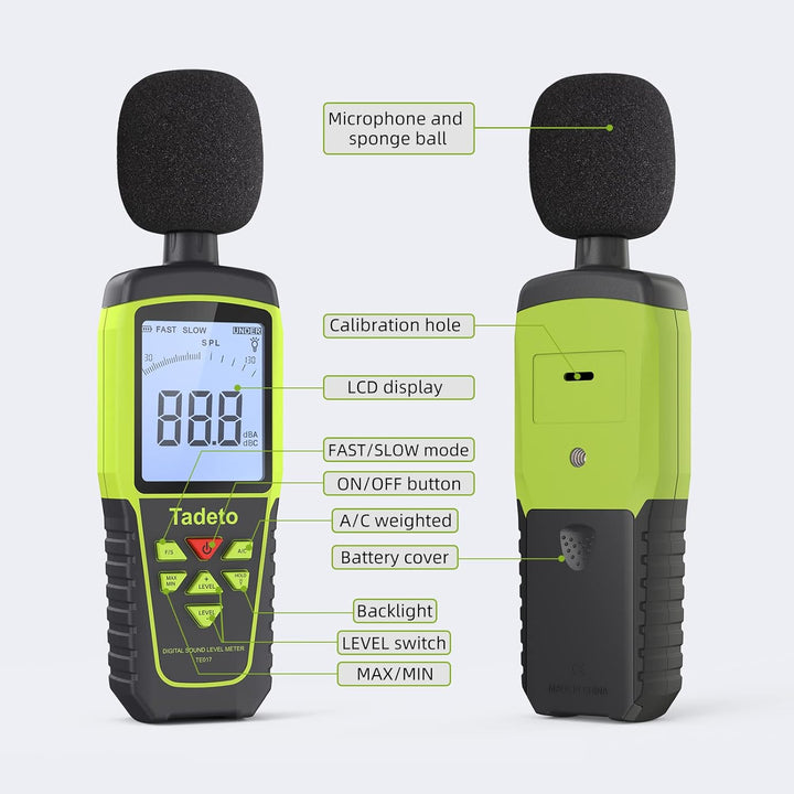 Dezibel Messgerät, Tadeto Schallpegelmesser Portable db Messgerät 30dB bis 130dB (5 Messbereich) Hin