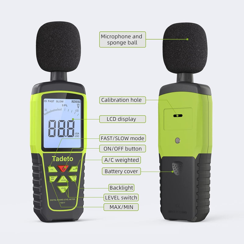 Dezibel Messgerät, Tadeto Schallpegelmesser Portable db Messgerät 30dB bis 130dB (5 Messbereich) Hin