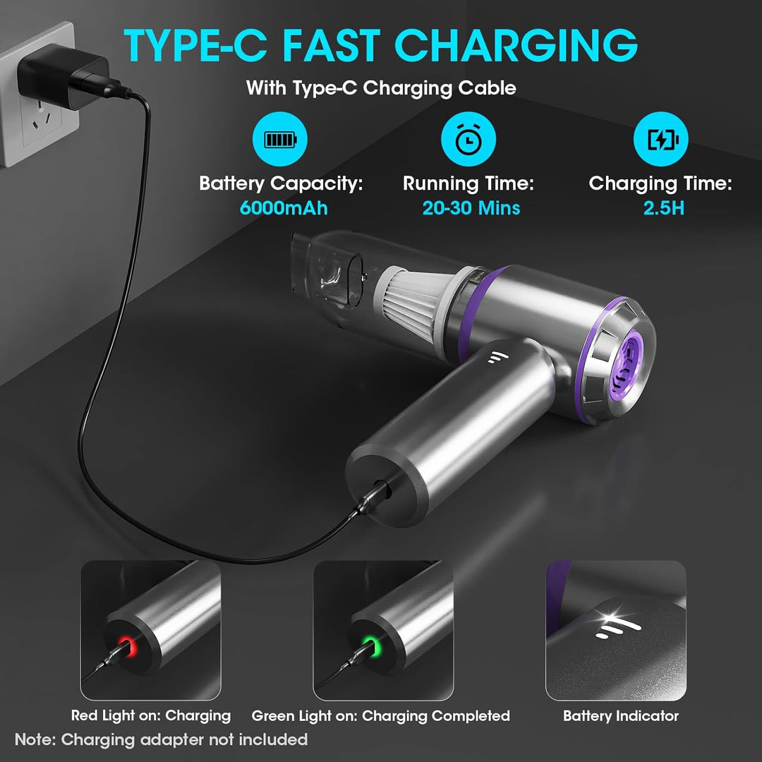 Handstaubsauger Akku, 20000PA Handstaubsauger Kabellos mit Bürstenloser Motor, 4-in-1 Autostaubsauge