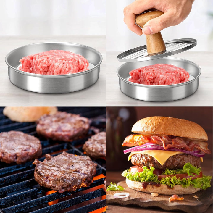 Burgerpresse – Lebensmitteltaugliche Edelstahlpresse mit rutschfestem Holzgriff und 100 Antihaft-Pap