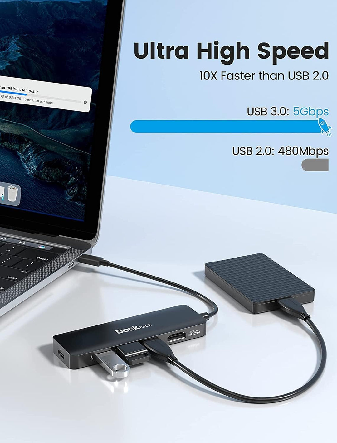 USB C Hub für MacBook Air M2, Dockteck 5 in 1 Dock USB C HDMI Adapter 4k 60hz, 3 USB-3.0, 100W PD fü