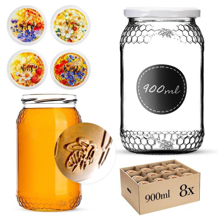 KADAX 8er Set Einmachgläser 900ml TO82 Colourful Bee, Pack of 8, Grosse Sturzgläser mit Schraubdecke