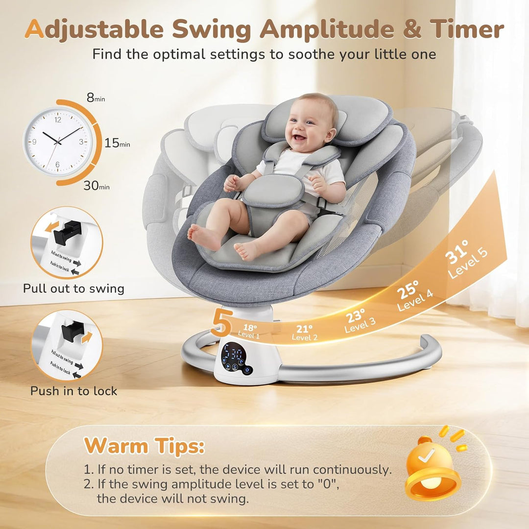 Babywippe Elektrisch mit Fernbedienung und App-Steuerung, 5 Schaukelgeschwindigkeiten, 3 Timer, 11 I