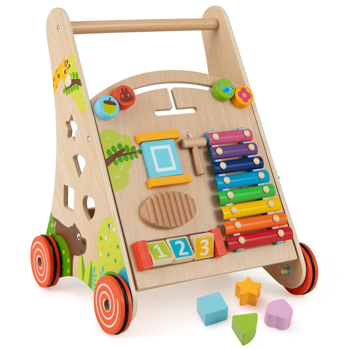 COSTWAY Lauflernhilfe Holz, Baby Lauflernwagen mit Griff, Stauraum und Rädern zum Schieben und Ziehe