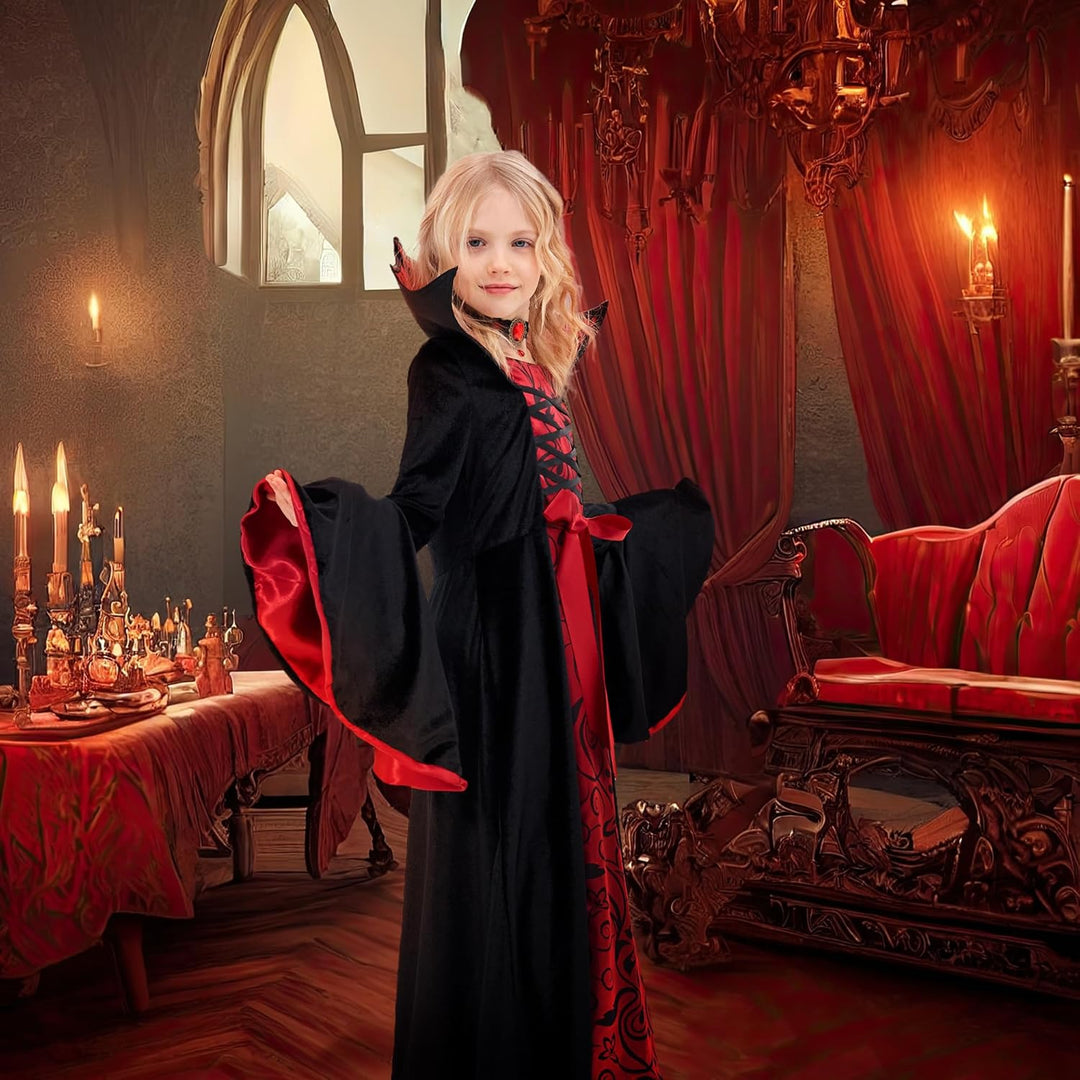 Funnlot Vampir Kostüm Mädchen Gothic Halloween Kostüm Kleid mit Vampir Zähne Kinder Karneval Faschin