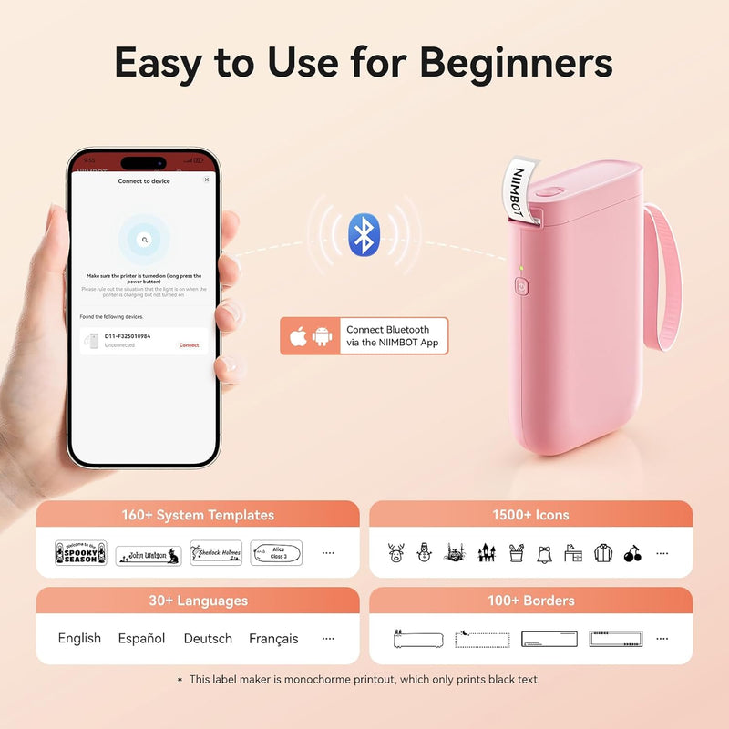 NIIMBOT D11 Etikettendrucker Tragbarer Aufkleberdrucker, Wireless-Technologie und 1 Rolle Starter-Et
