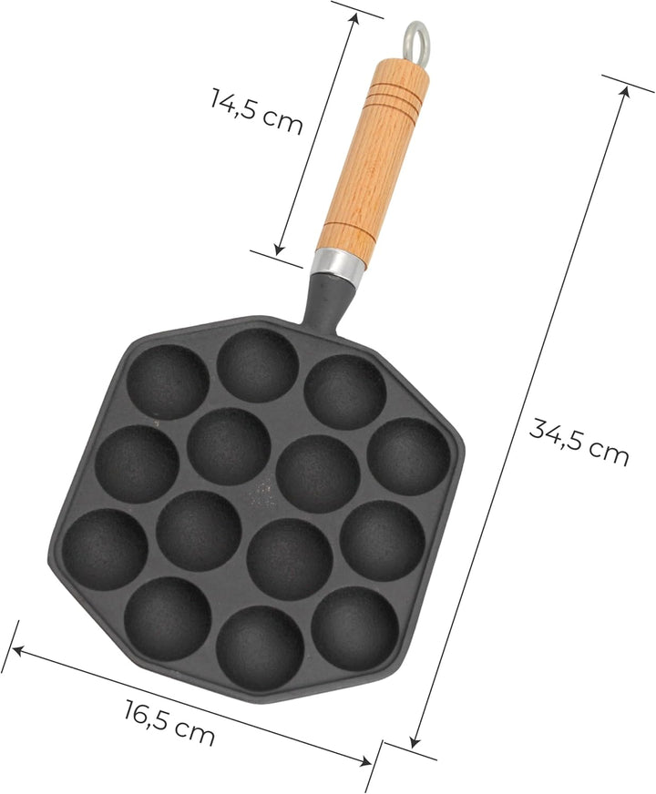 Takoyaki Pfanne aus Gusseisen mit Pick – 14 Mulden (3,5 cm) | Antihaft Takoyaki Maker | Octopus Ball