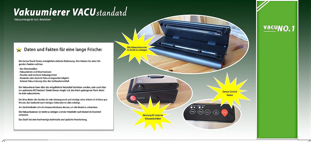 Vakuumierer für Lebensmittel VacuNo.1 - VACU Standard - Sous Vide - Folienschweissgerät inklusive Fo