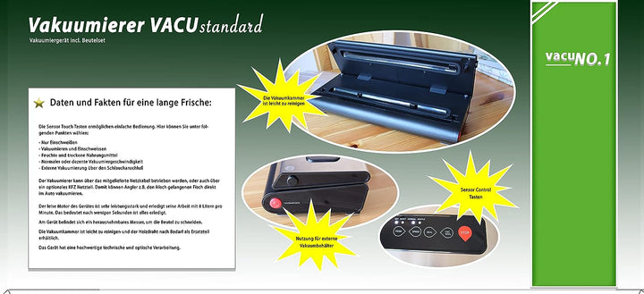 Vakuumierer für Lebensmittel VacuNo.1 - VACU Standard - Sous Vide - Folienschweissgerät inklusive Fo