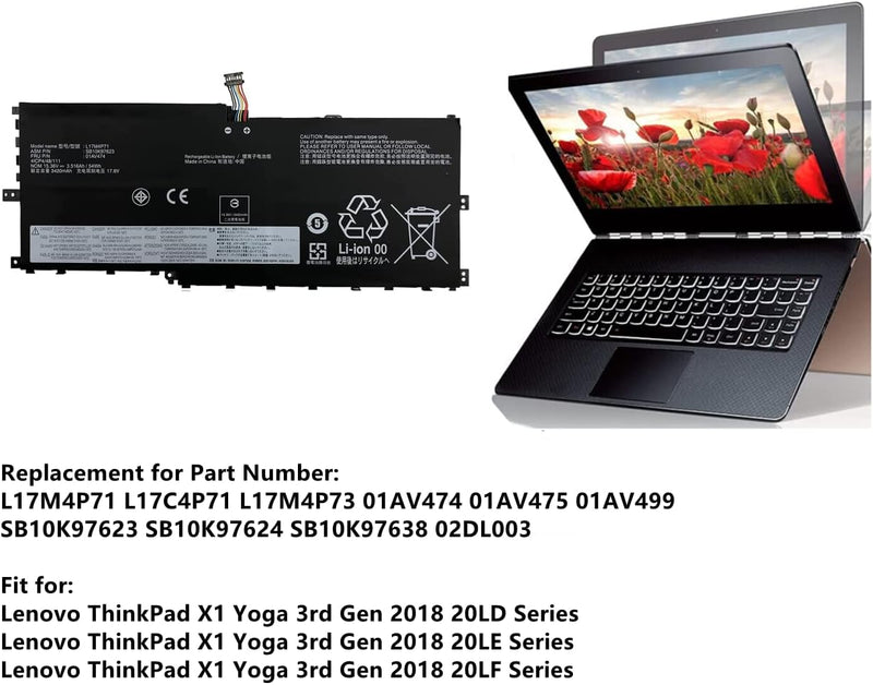 AKKEE L17M4P71 01AV474 Laptop Akku für Lenovo ThinkPad X1 Yoga 3rd Gen 2018 Series L17C4P71 01AV475