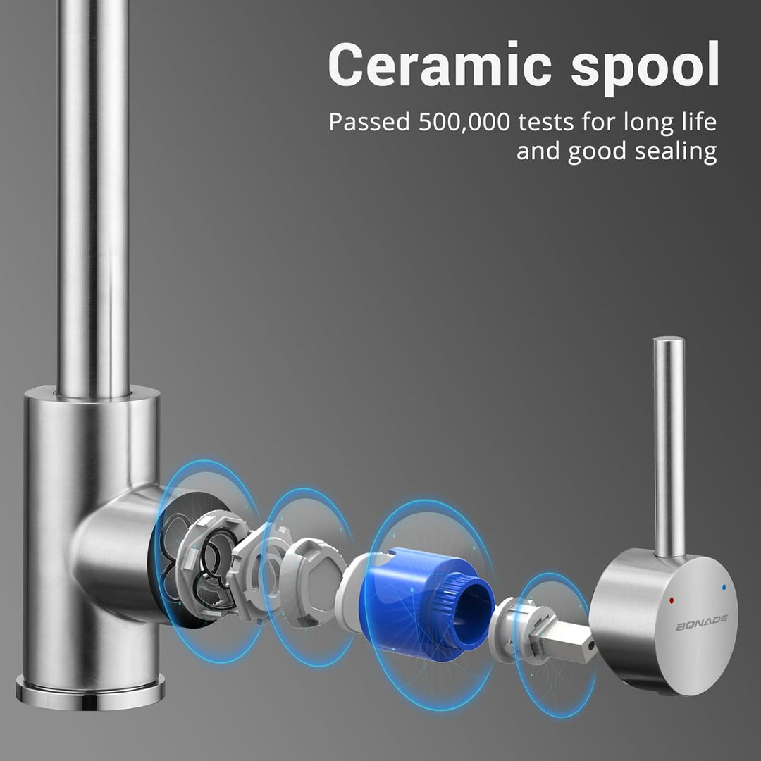 BONADE Niederdruck Armatur Küche aus Edelstahl 304, Küchenarmatur Niederdruck 360° Schwenkbare Misch