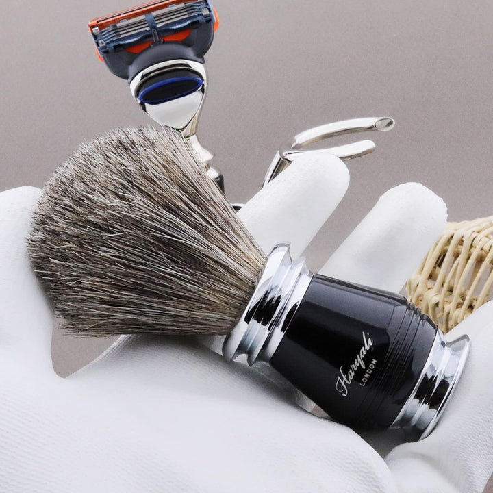 Pur Schwarz Dachs Rasier bürste, Rasierer mit Schwarzer Griff & Edelstahl Ständer mit Crome Finish.