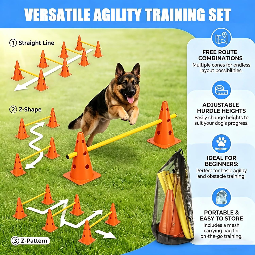 Sports Steckhürdenset, 10 Kegel + 5 Stangen Agility Hürden Steckhürdenset, Kinder Agility Hürden Hin