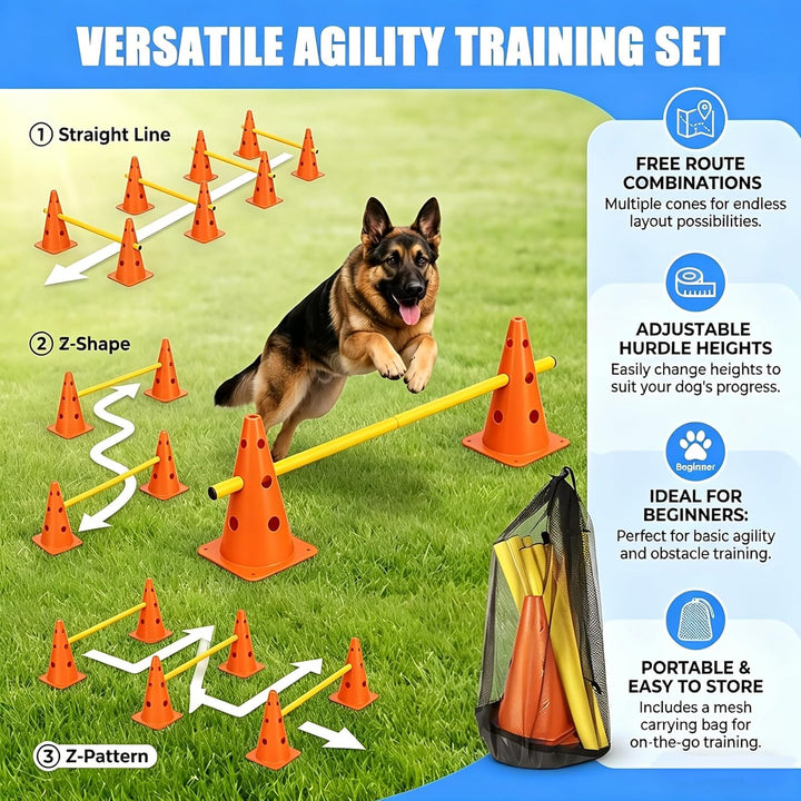 Sports Steckhürdenset, 10 Kegel + 5 Stangen Agility Hürden Steckhürdenset, Kinder Agility Hürden Hin