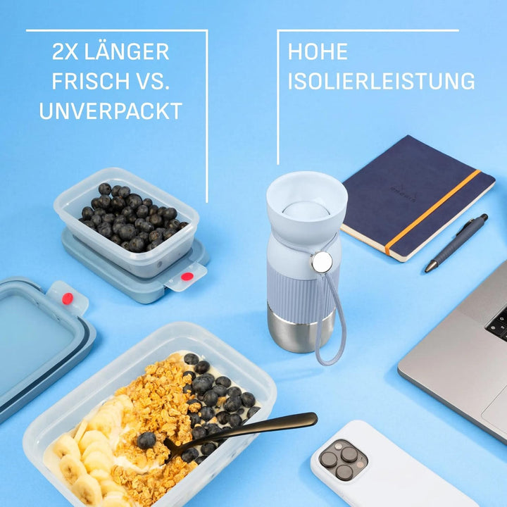 EMSA beYou Office-Set, 100% Dicht, oneClick Frischhaltedose 0,5 L, 1,2 L, beYou Cup Mug 0,36 L, Blau