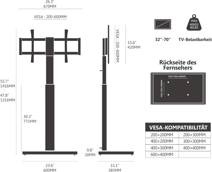 FITUEYES TV Bodenständer mit Holzbasis TV Ständer TV Standfuss Fernsehstand höhenverstellbar schwenk
