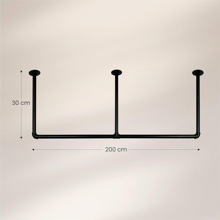 Kleiderstange Industrial Schwarz für Decke Deckenmontage Breite 200 cm x Höhe 30 cm Garderobe Flur D