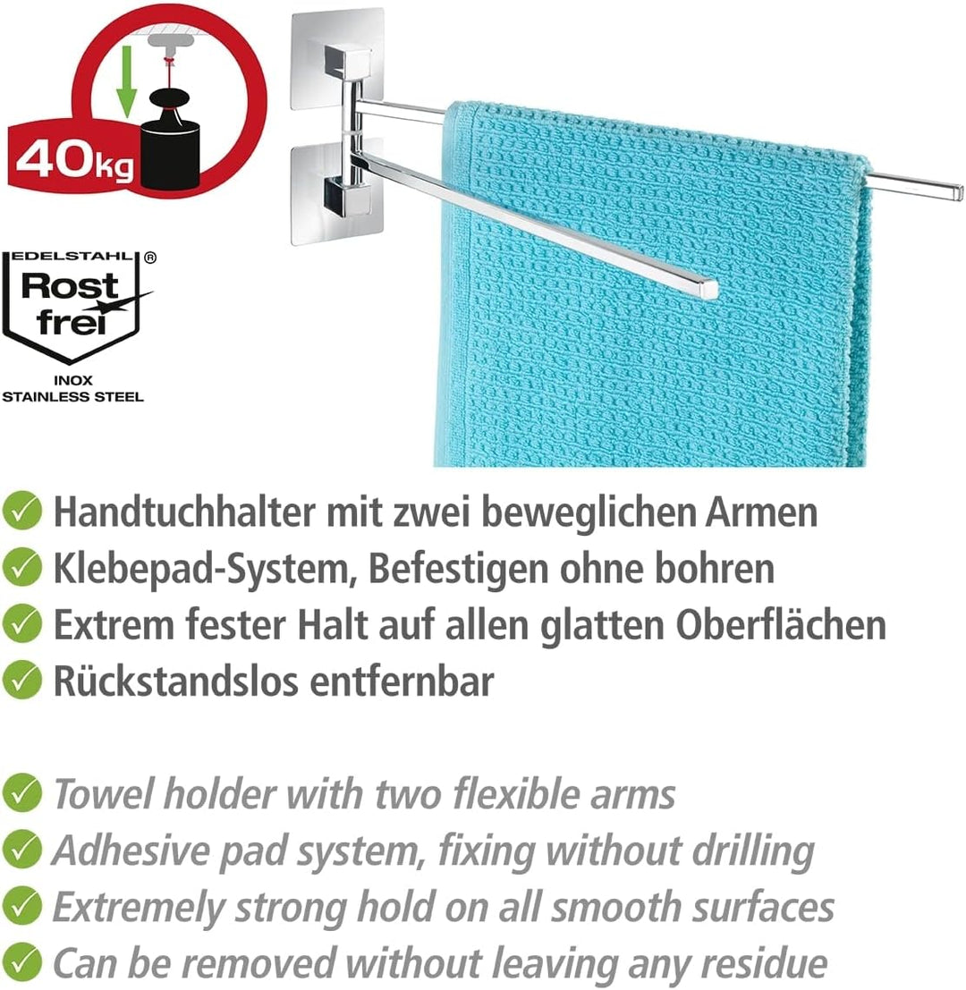 WENKO Turbo-Loc Edelstahl Handtuchhalter Quadro, 2 bewegliche Arme, Befestigen ohne Bohren, Edelstah