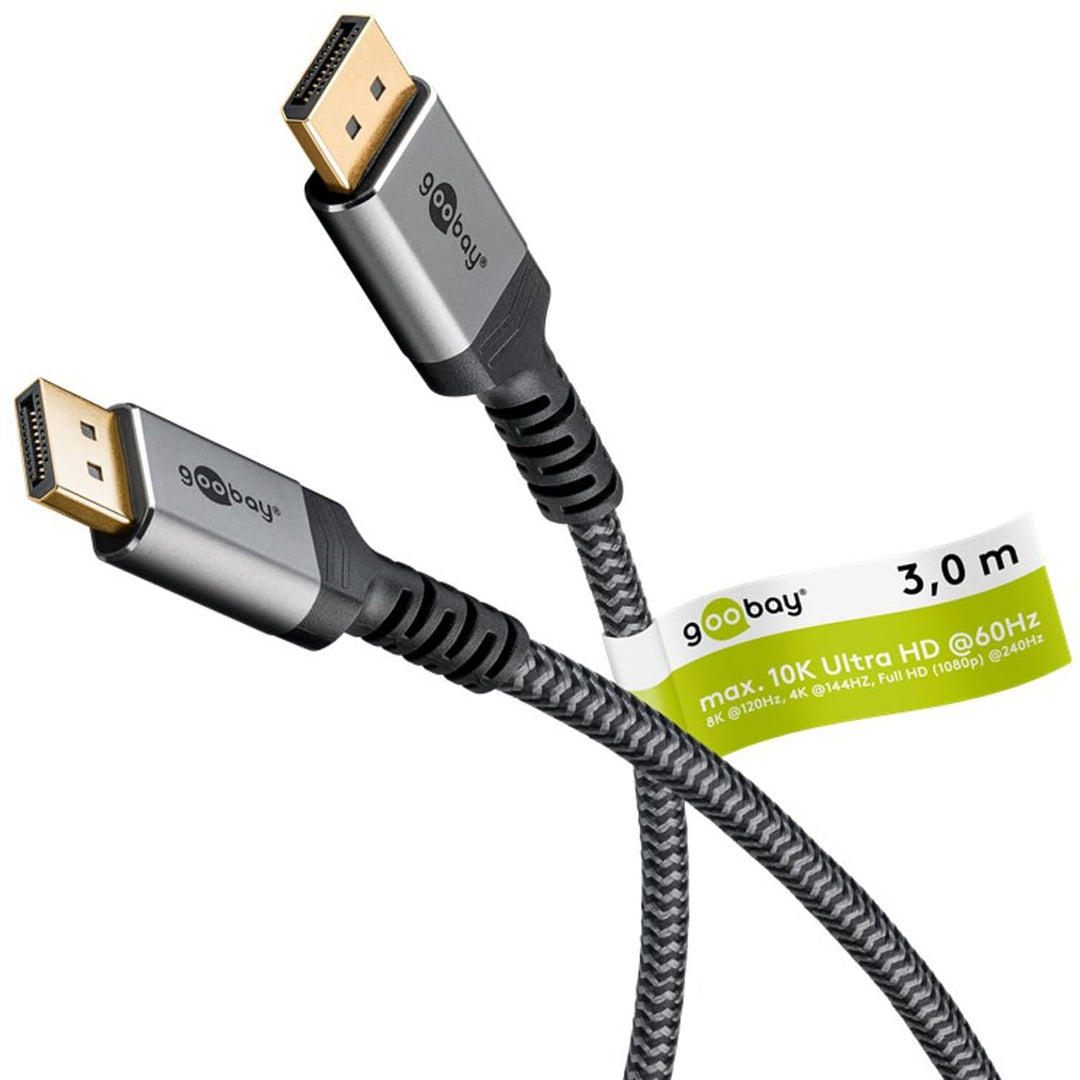 goobay DisplayPort Kabel 2.1-80 Gbit/s, DP-Kabel 16K/60Hz, 10K HDR, 3m - Sharkskin Grey, Metall-Desi