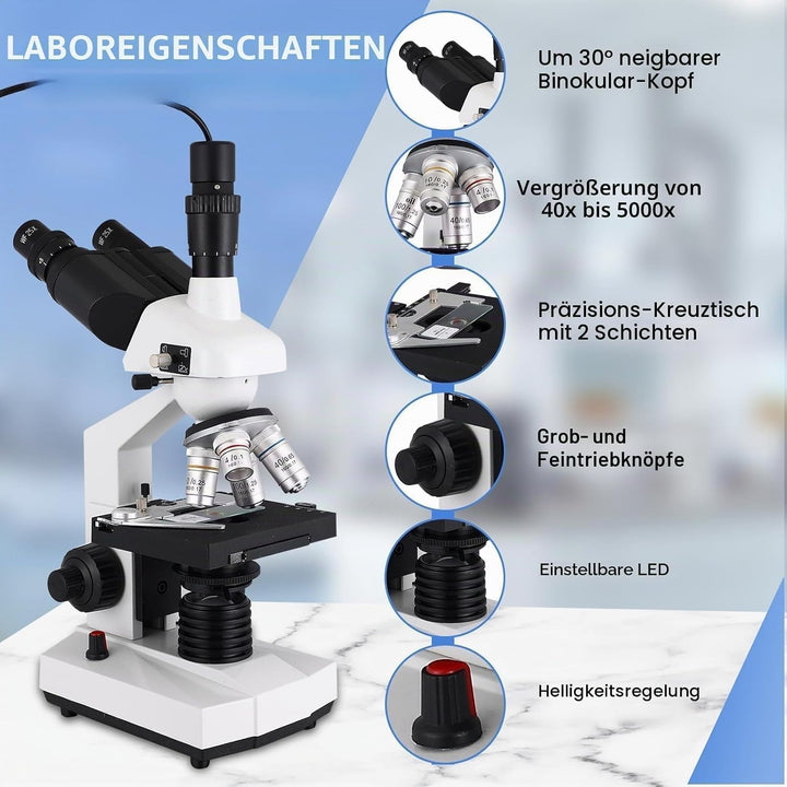 Trinokulares optisches Mikroskop, 40- bis 5000-fache Vergrösserung, wissenschaftliches Profimikrosko