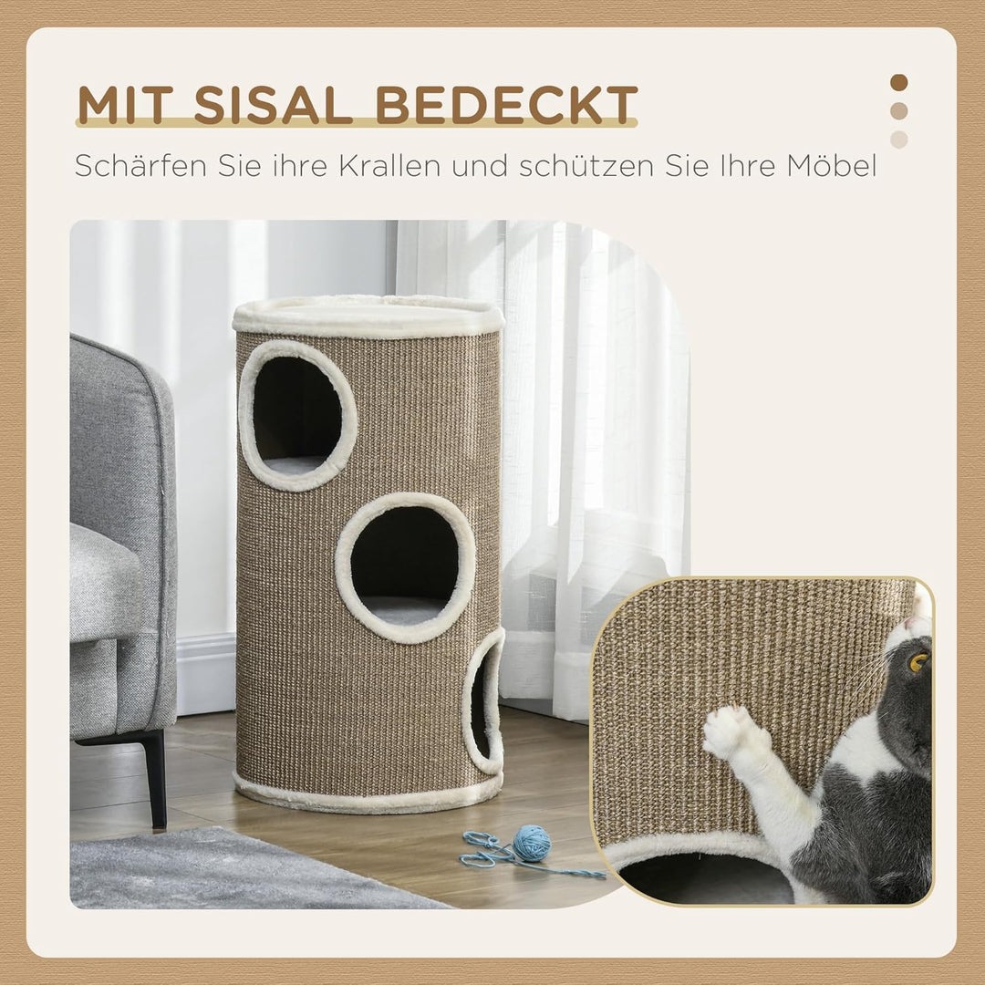 PawHut Kratztonne 70 cm Hoch Ø 38 cm dreistöckige Katzentonne mit Plüschrand, Katzenhöhle, Kratzbaum