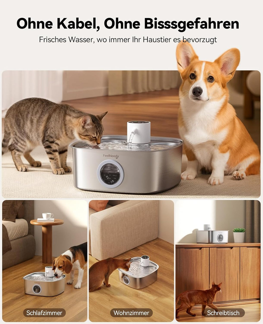 FEELNEEDY 8L Katzenbrunnen Kabellos, 5000mAh Trinkbrunnen für Hunde mit 3 Filters, Katzenbrunnen Ede