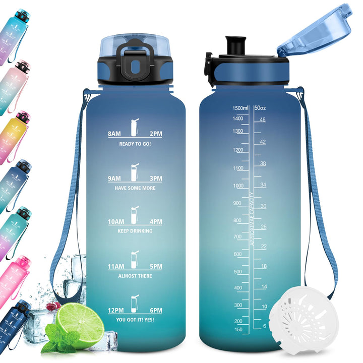 KollyKolla Trinkflasche Kohlensäure Geeignet, 500ml/1L/1.5L, Sport Trinkflasche mit Zeitmarkierung,
