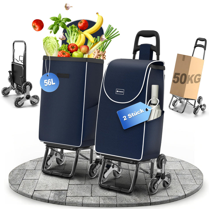 Einkaufswagen Klappbar 56L, Einkaufstrolley Treppensteiger, Trolly Einkaufswagen Klappbar, Hackenpor