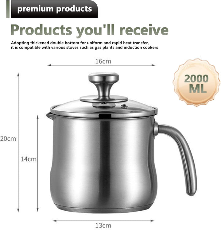 Edelstahl Milchtopf Mit Deckel,2 Liter Edelstahltopf Mit Glasdeckel,Puddingtopf Aus Edelstahl,Suppen