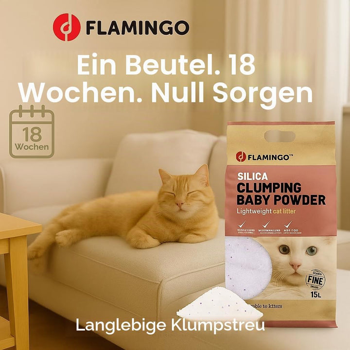 Flamingo Katzenstreu – Talkumduft für Babys – 15L für 18 Wochen – neutralisiert unangenehme Gerüche