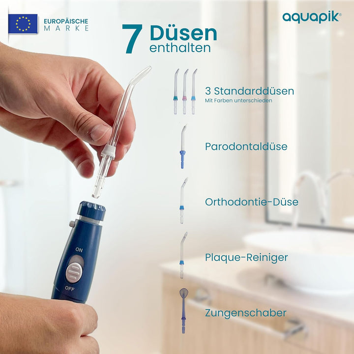 Aquapik® 100 professionelle Munddusche | Plaqueentferner + von Zahnärzten empfohlen | 8 Düsen, 10 Dr