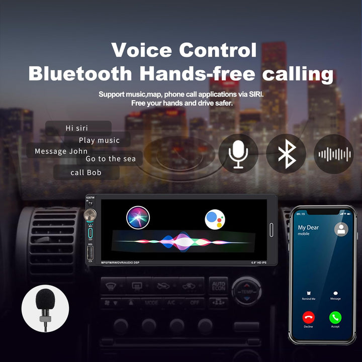 Autoradio 1Din mit Bildschirm (6,9") Kompatibel mit Apple CarPlay [Wireless] Android Auto Bluetooth