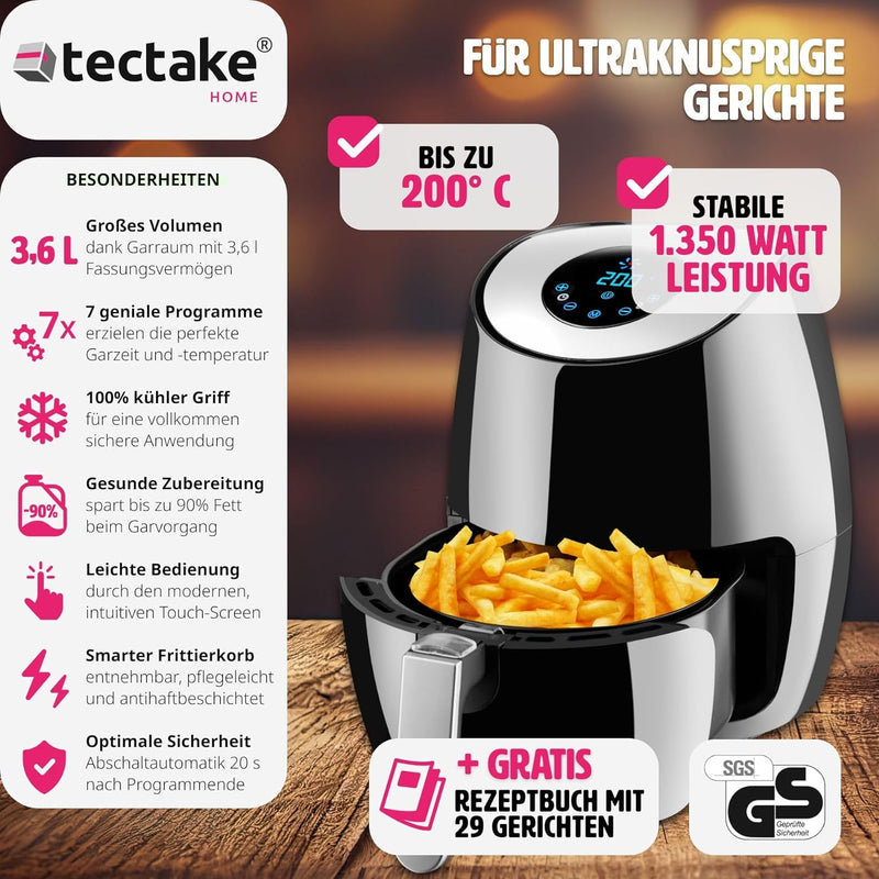 tectake® Heissluftfritteuse, Airfryer, 3,6 l Fassungsvermögen, Touchscreen-Display, 7 Programme, Air