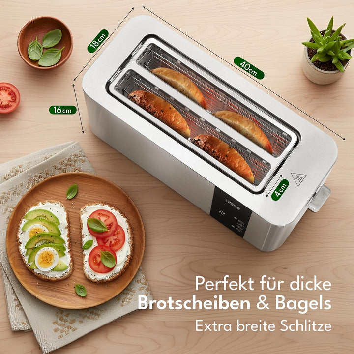 LEBENLANG Langschlitz Toaster 4 Scheiben mit Brötchenaufsatz - Touchscreen LED Display & 7 Stufen I