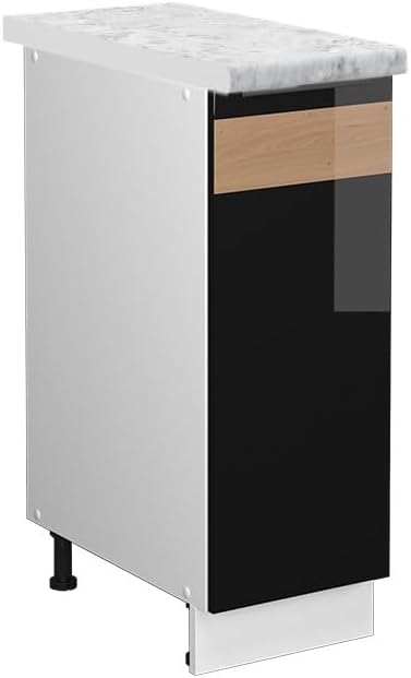Vicco Apothekerschrank Fame-Line, Schwarz Eiche Hochglanz/Weiss, 30 cm, AP Marmor Schwarz Eiche Hoch