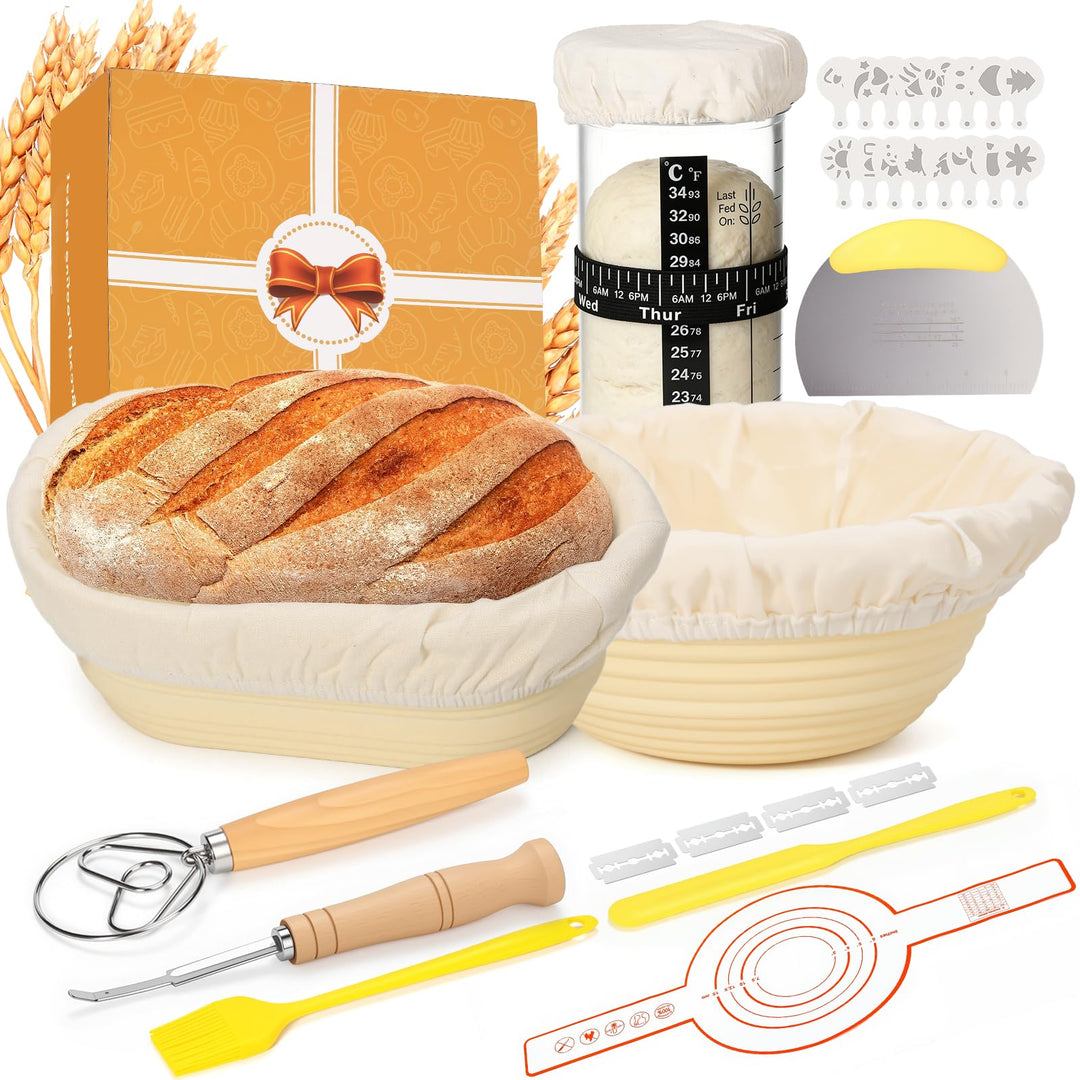 Gärkörbchen,Sauerteig Starter Set,2 Silikon Gärkörbe Rund und Oval,Brot Backen Zubehör,Gärkorb Brot