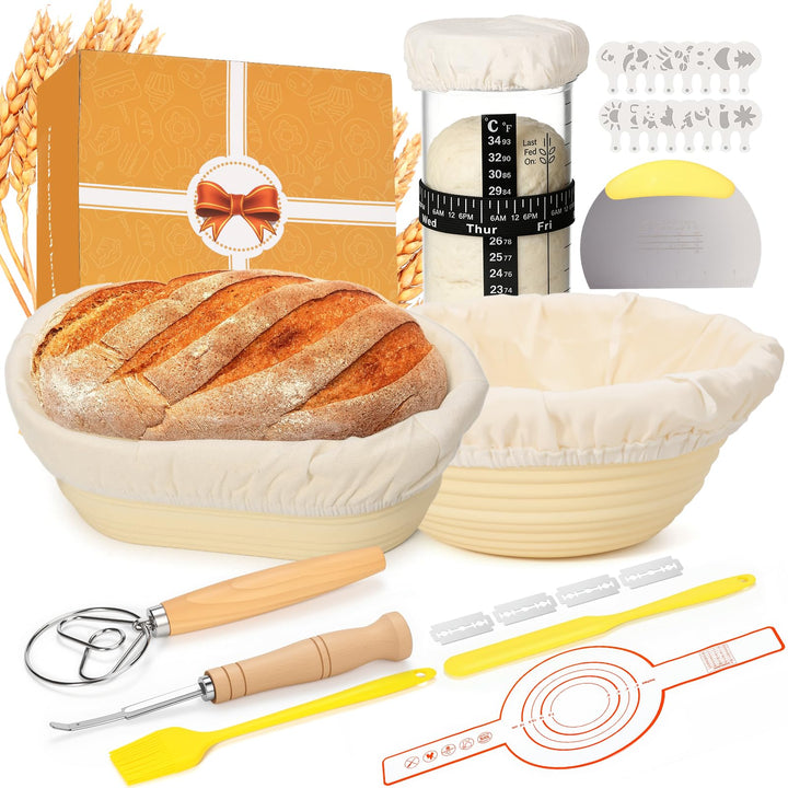 Gärkörbchen,Sauerteig Starter Set,2 Silikon Gärkörbe Rund und Oval,Brot Backen Zubehör,Gärkorb Brot