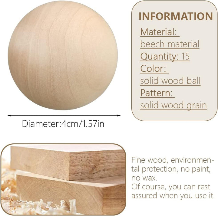 15 Stück Runde Holzperlen ohne bohrung Holzkugeln DIY Holzbälle Holz Unvollendete Bastelkugeln für B