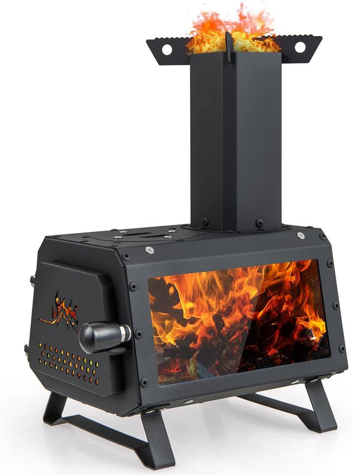 KOMFOTTEU Holzofen mit Sichtfenster, Raketenofen tragbar mit 2 Kochflächen, Zeltofen mit Aschepfanne