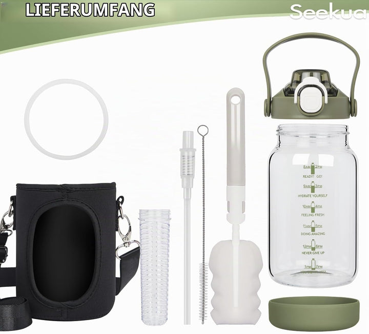 Seekua 1l Trinkflasche Glas Flasche mit Strohhalm &amp; Zeitmarkierung, 1 liter Wasserflasche mit Frücht