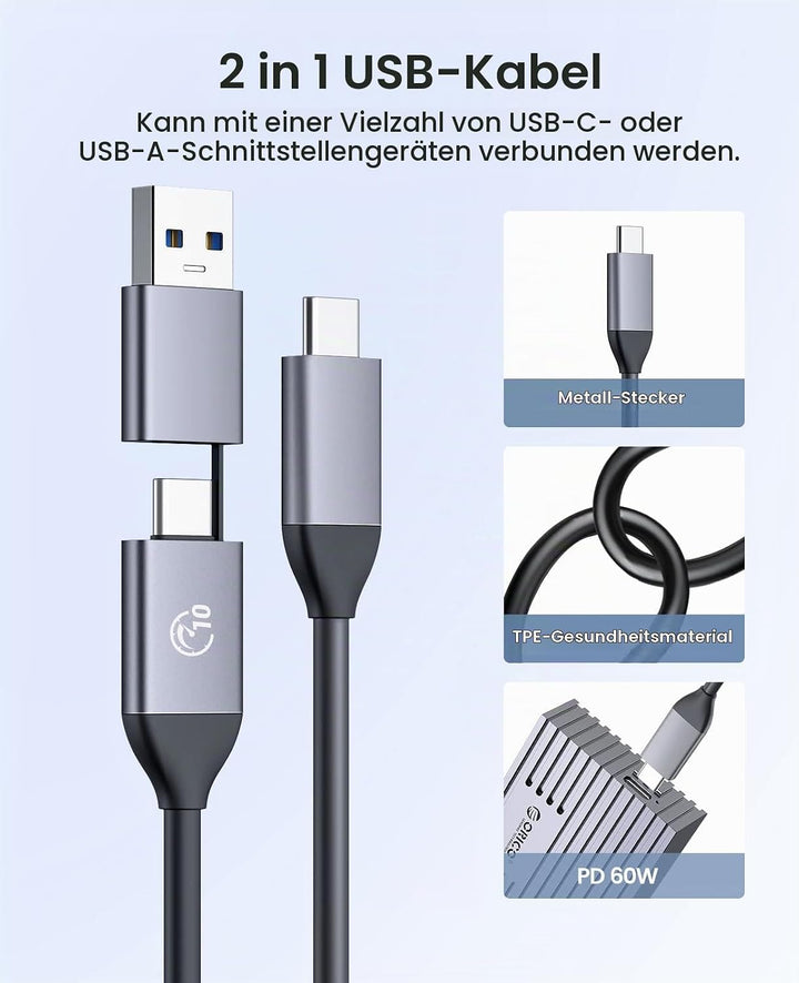 ORICO M.2 NVMe SSD Gehäuse auf USB-C PCIe Adapter 10 Gbps USB3.2 Gen2 für NVMe M-Key/M+B Key SSD 223