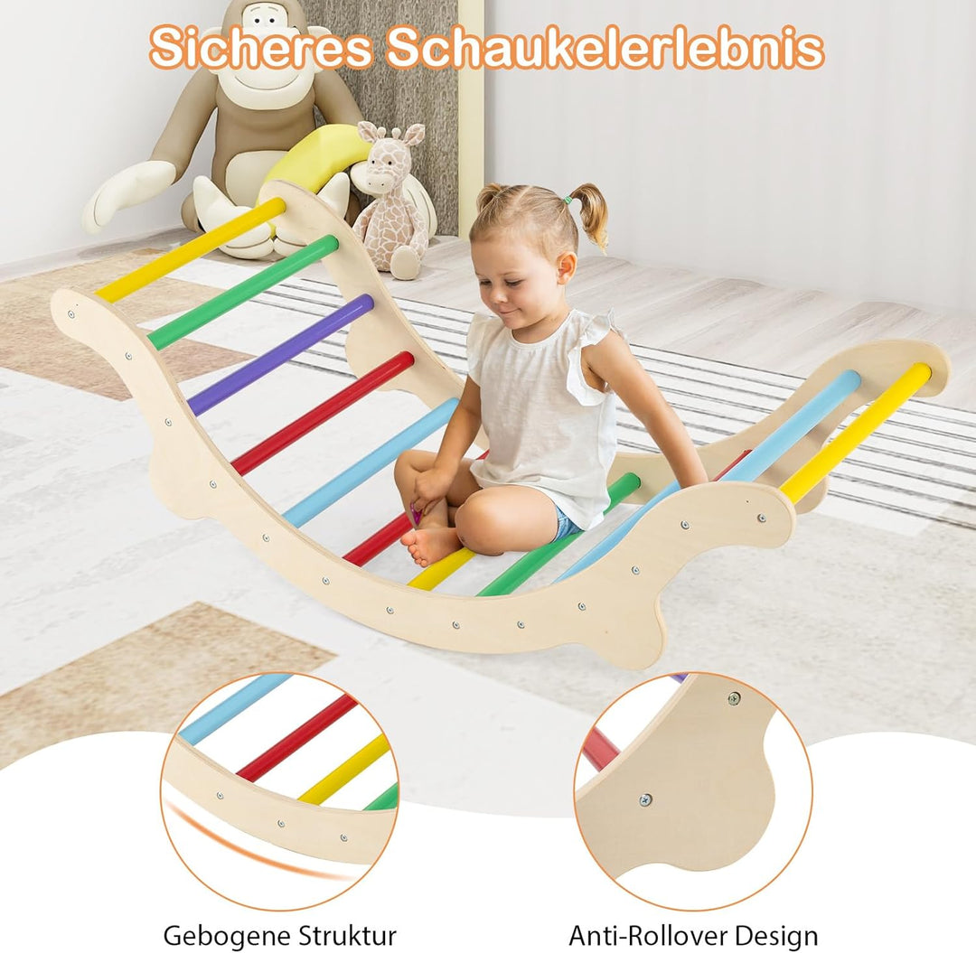 COSTWAY Kletterbogen mit Kissen, Kletterdreieck mit Rutsche Holz, 3 in 1 Klettergerüst Indoor zum Ru